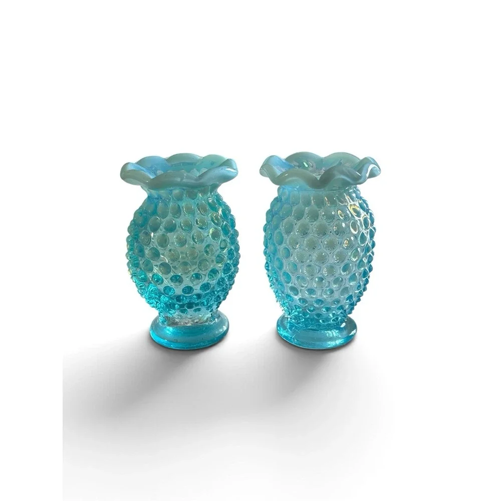 Vintage Pair-Fenton Blue Hobnail Ruffled Opalescent Glass Miniature Vases #13